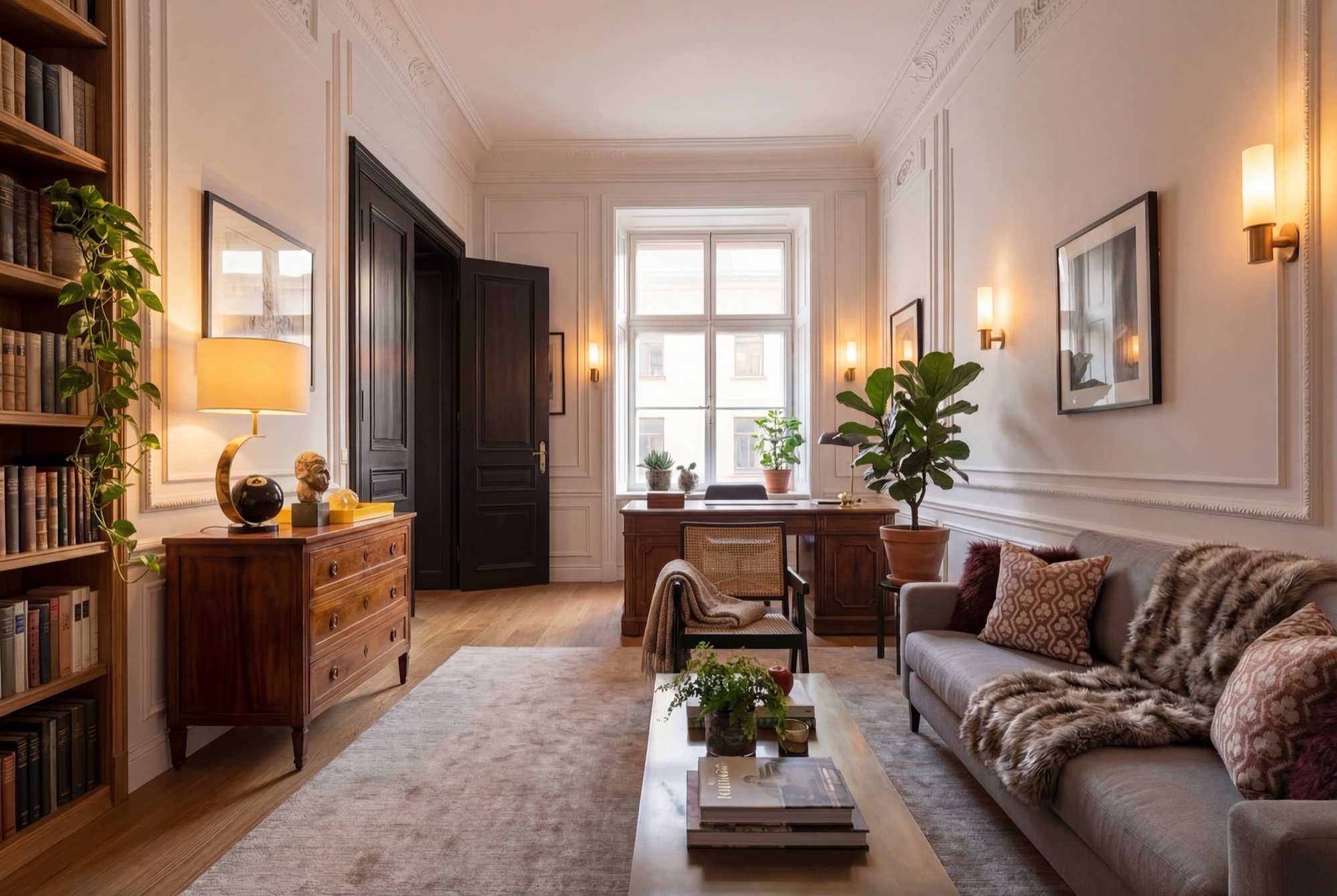 Chairs in bedroom with timber pillars and a garden out the windows